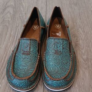 Ariat Teal Tooled Floral Leather Slip-On Moccasins NEW Women's 7.5